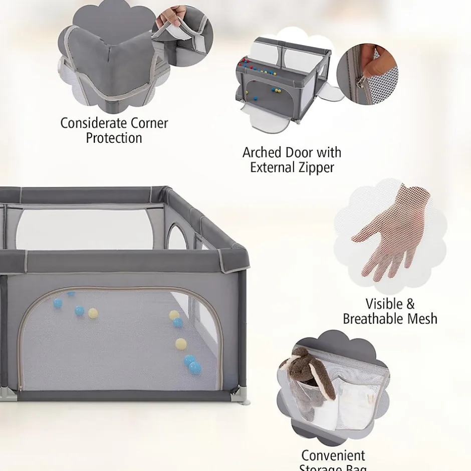 Giantex Parc Bébé avec 50 Boules Océaniques et Grande Porte à Fermeture Éclair, Sac Portable, Aire de Jeu 206 x 147 x 68,5CM, Gris