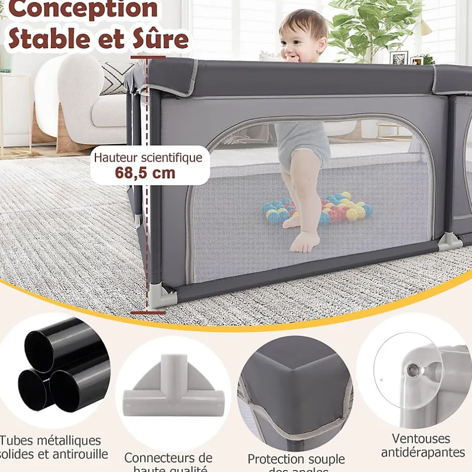 Giantex Parc Bébé avec 50 Boules Océaniques et Grande Porte à Fermeture Éclair, Sac Portable, Aire de Jeu 206 x 147 x 68,5CM, Gris