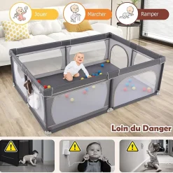 Giantex Parc Bébé avec 50 Boules Océaniques et Grande Porte à Fermeture Éclair, Sac Portable, Aire de Jeu 206 x 147 x 68,5CM, Gris