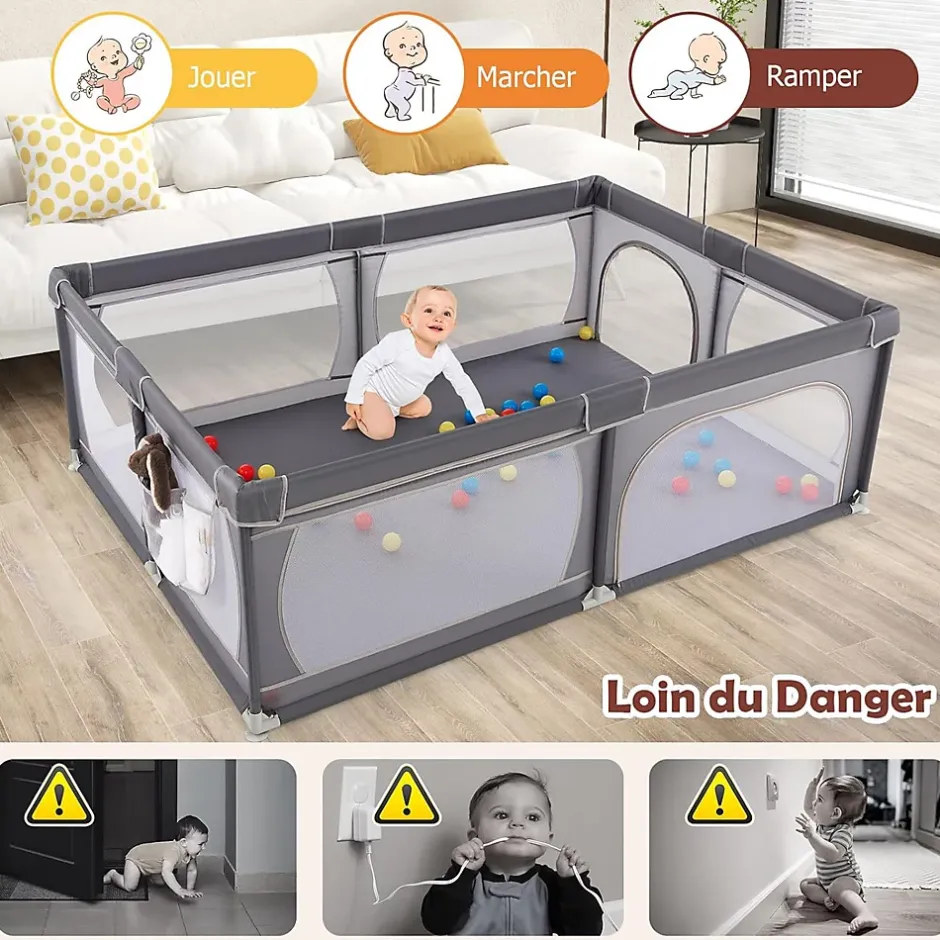 Giantex Parc Bébé avec 50 Boules Océaniques et Grande Porte à Fermeture Éclair, Sac Portable, Aire de Jeu 206 x 147 x 68,5CM, Gris