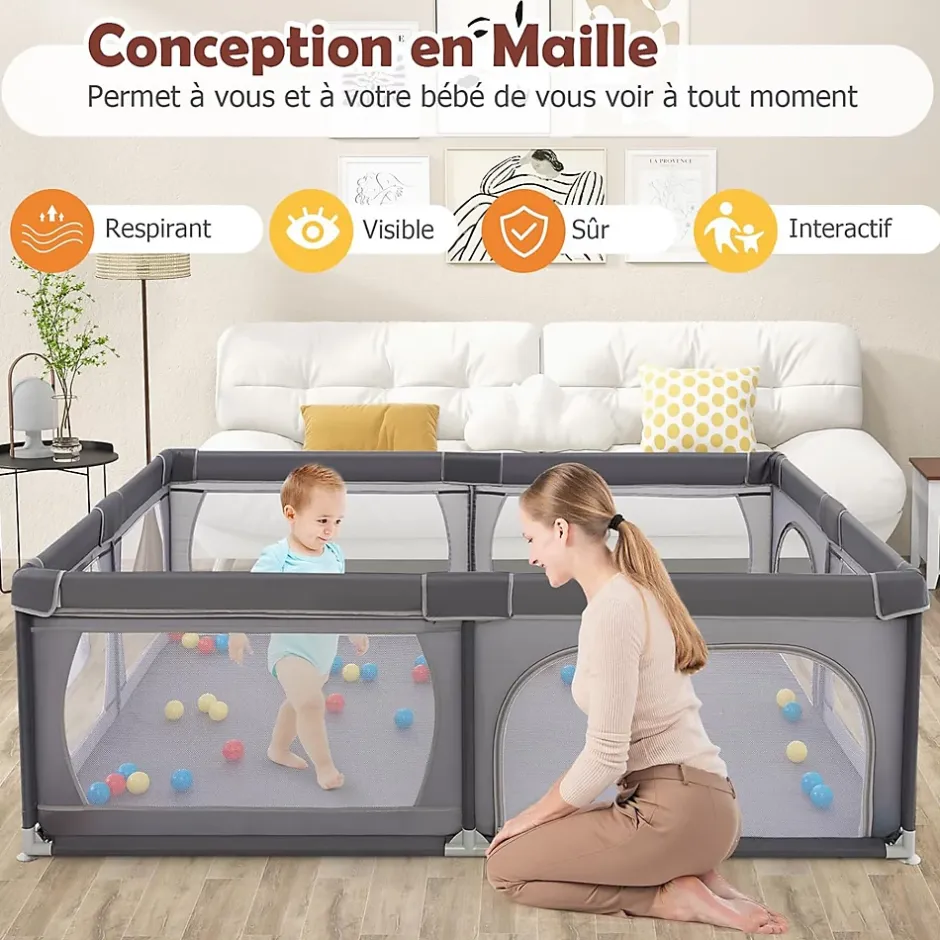 Giantex Parc Bébé avec 50 Boules Océaniques et Grande Porte à Fermeture Éclair, Sac Portable, Aire de Jeu 206 x 147 x 68,5CM, Gris