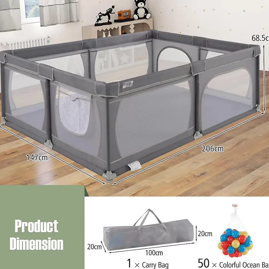 Giantex Parc Bébé avec 50 Boules Océaniques et Grande Porte à Fermeture Éclair, Sac Portable, Aire de Jeu 206 x 147 x 68,5CM, Gris