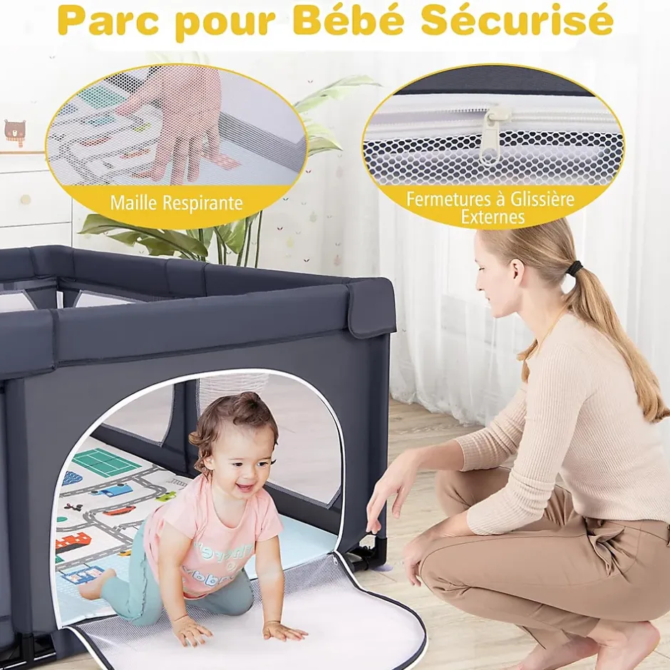 Giantex Parc Bébé avec Tapi Grand Parc Bébé avec 4 Anneaux de Traction 50 Balles Océaniques Sac de Transport Parc en Maille Gris Foncé