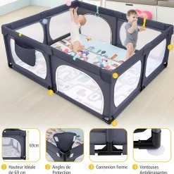 Giantex Parc Bébé avec Tapi Grand Parc Bébé avec 4 Anneaux de Traction 50 Balles Océaniques Sac de Transport Parc en Maille Gris Foncé