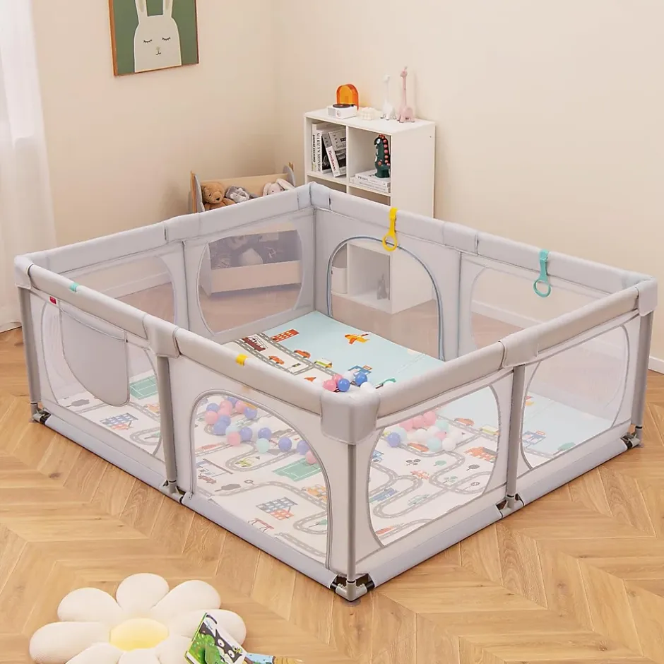 Giantex Parc Bébé avec Tapi Grand Parc Bébé avec 4 Anneaux de Traction 50 Balles Océaniques Sac de Transport Parc en Maille Gris