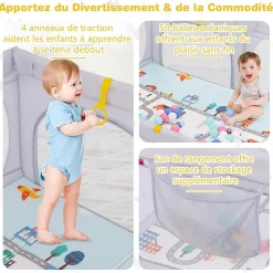 Giantex Parc Bébé avec Tapi Grand Parc Bébé avec 4 Anneaux de Traction 50 Balles Océaniques Sac de Transport Parc en Maille Gris