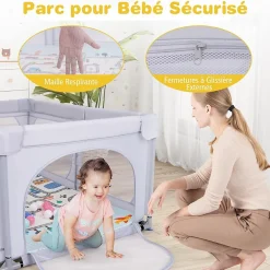 Giantex Parc Bébé avec Tapi Grand Parc Bébé avec 4 Anneaux de Traction 50 Balles Océaniques Sac de Transport Parc en Maille Gris