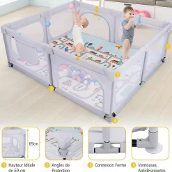 Giantex Parc Bébé avec Tapi Grand Parc Bébé avec 4 Anneaux de Traction 50 Balles Océaniques Sac de Transport Parc en Maille Gris