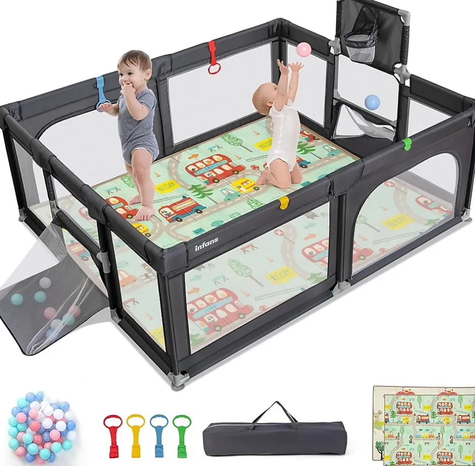 Parc Bebe avec 50 Balles Océaniques, Parc Enfant avec Panier de Basket, Porte Zippée, Gris Foncé, 88 x 157 x 100 cm-Giantex Sale