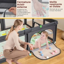 Parc Bebe avec 50 Balles Océaniques, Parc Enfant avec Panier de Basket, Porte Zippée, Gris Foncé, 88 x 157 x 100 cm-Giantex Sale