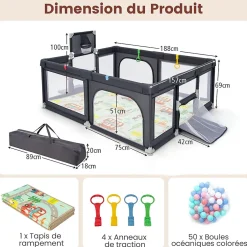 Parc Bebe avec 50 Balles Océaniques, Parc Enfant avec Panier de Basket, Porte Zippée, Gris Foncé, 88 x 157 x 100 cm-Giantex Sale