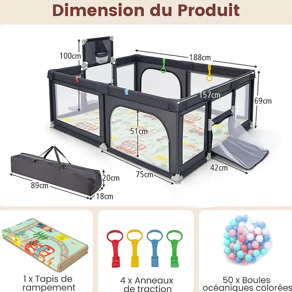 Parc Bebe avec 50 Balles Océaniques, Parc Enfant avec Panier de Basket, Porte Zippée, Gris Foncé, 88 x 157 x 100 cm-Giantex Sale
