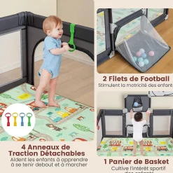 Parc Bebe avec 50 Balles Océaniques, Parc Enfant avec Panier de Basket, Porte Zippée, Gris Foncé, 88 x 157 x 100 cm-Giantex Sale