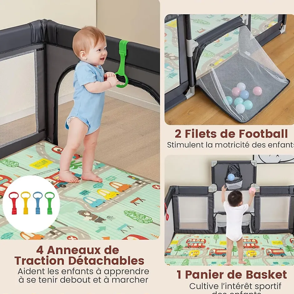 Parc Bebe avec 50 Balles Océaniques, Parc Enfant avec Panier de Basket, Porte Zippée, Gris Foncé, 88 x 157 x 100 cm-Giantex Sale