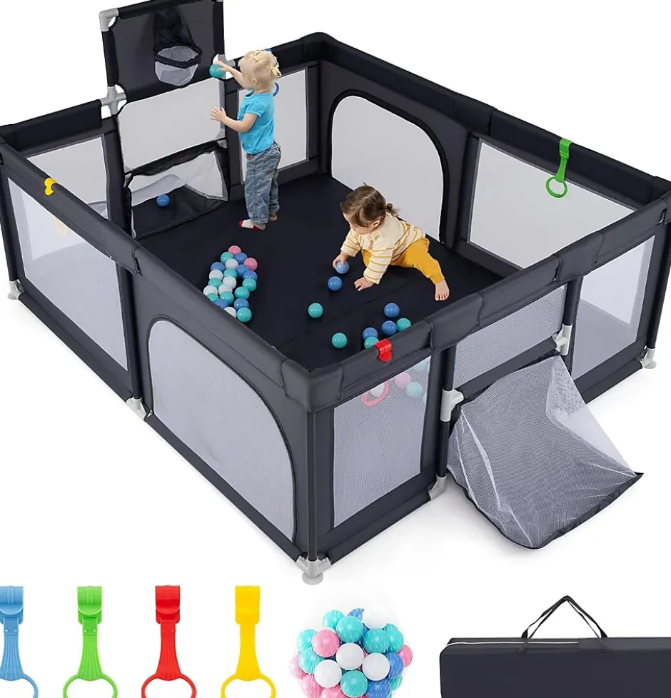 Parc Bebe avec 50 Balles Océaniques, Parc Enfant avec Panier de Basket, Porte Zippée, Gris Foncé, 88 x 157 x 100 cm-Giantex Hot