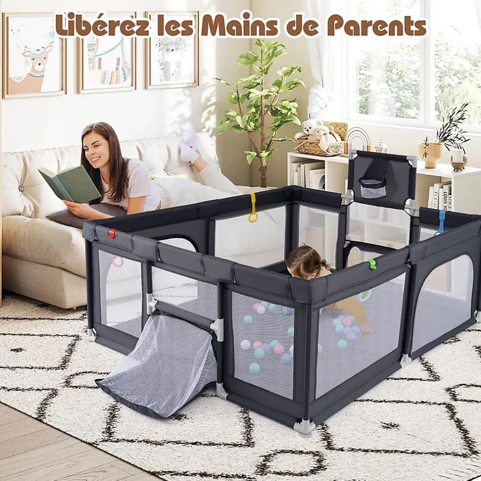 Parc Bebe avec 50 Balles Océaniques, Parc Enfant avec Panier de Basket, Porte Zippée, Gris Foncé, 88 x 157 x 100 cm-Giantex Hot