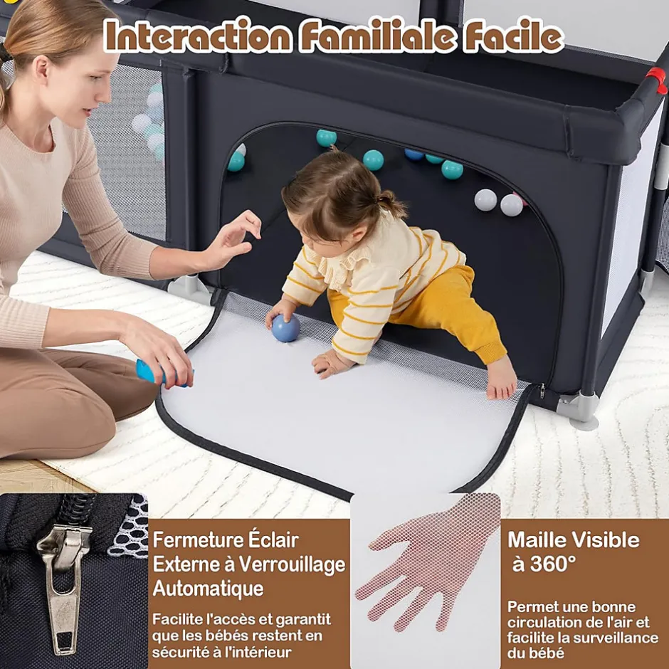 Parc Bebe avec 50 Balles Océaniques, Parc Enfant avec Panier de Basket, Porte Zippée, Gris Foncé, 88 x 157 x 100 cm-Giantex Hot