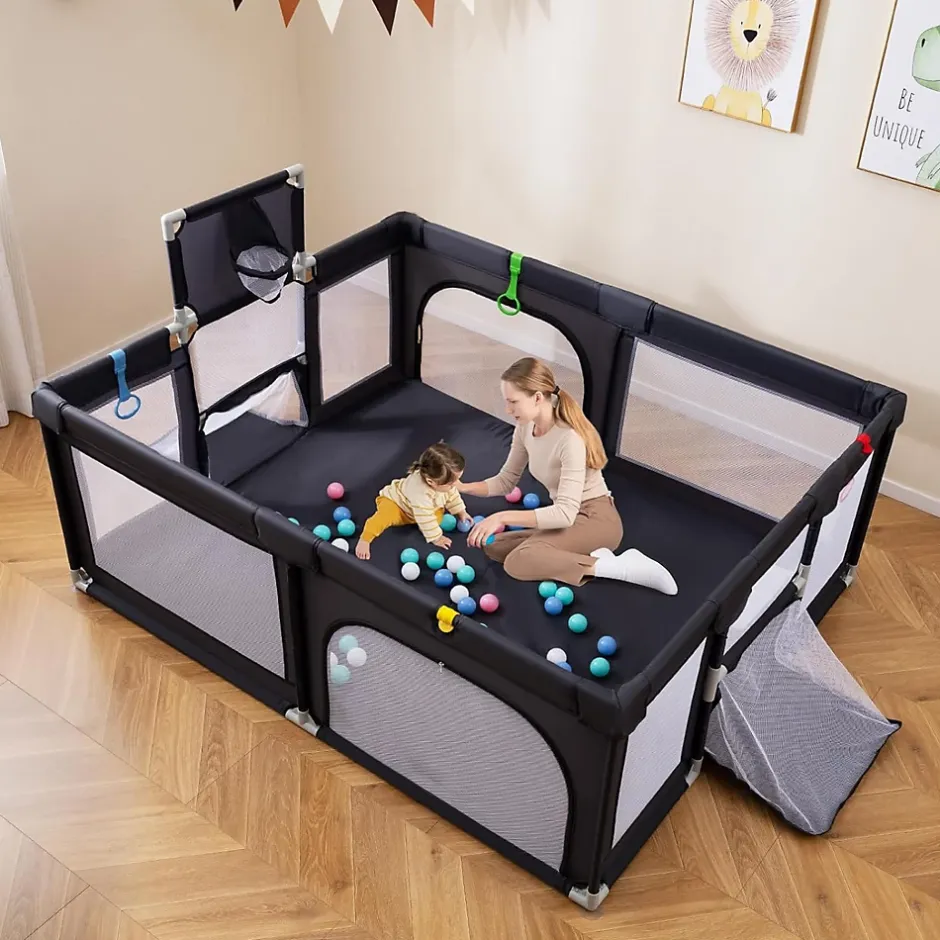 Parc Bebe avec 50 Balles Océaniques, Parc Enfant avec Panier de Basket, Porte Zippée, Gris Foncé, 88 x 157 x 100 cm-Giantex Hot
