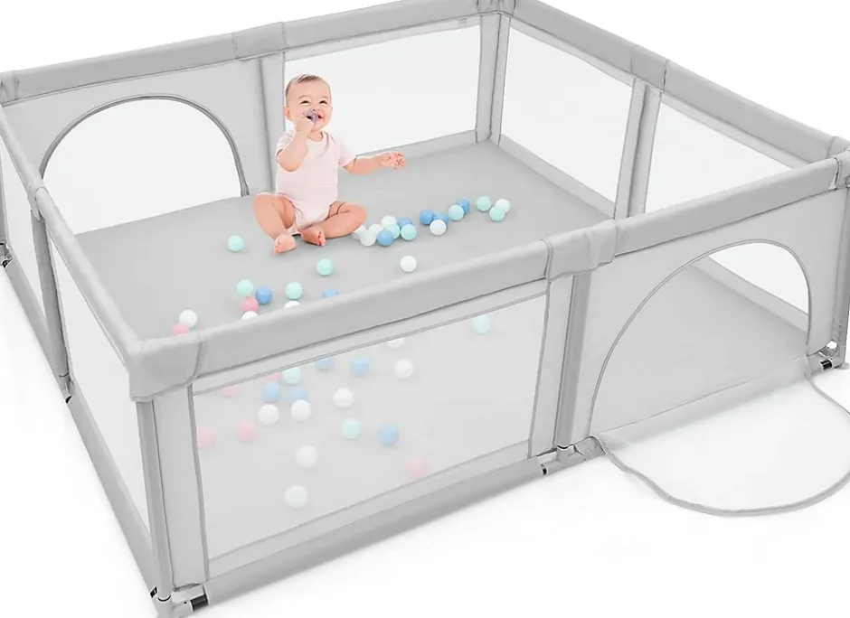 Giantex Parc Bebe Centre activites de Parc Enfants Parc Interieur Exterieur 2 Ouvertures de Porte Grille de Protection Stable Gris