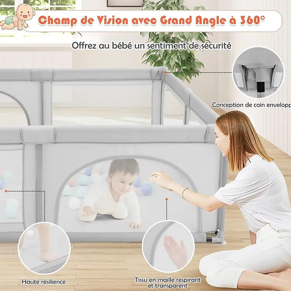 Giantex Parc Bebe Centre activites de Parc Enfants Parc Interieur Exterieur 2 Ouvertures de Porte Grille de Protection Stable Gris