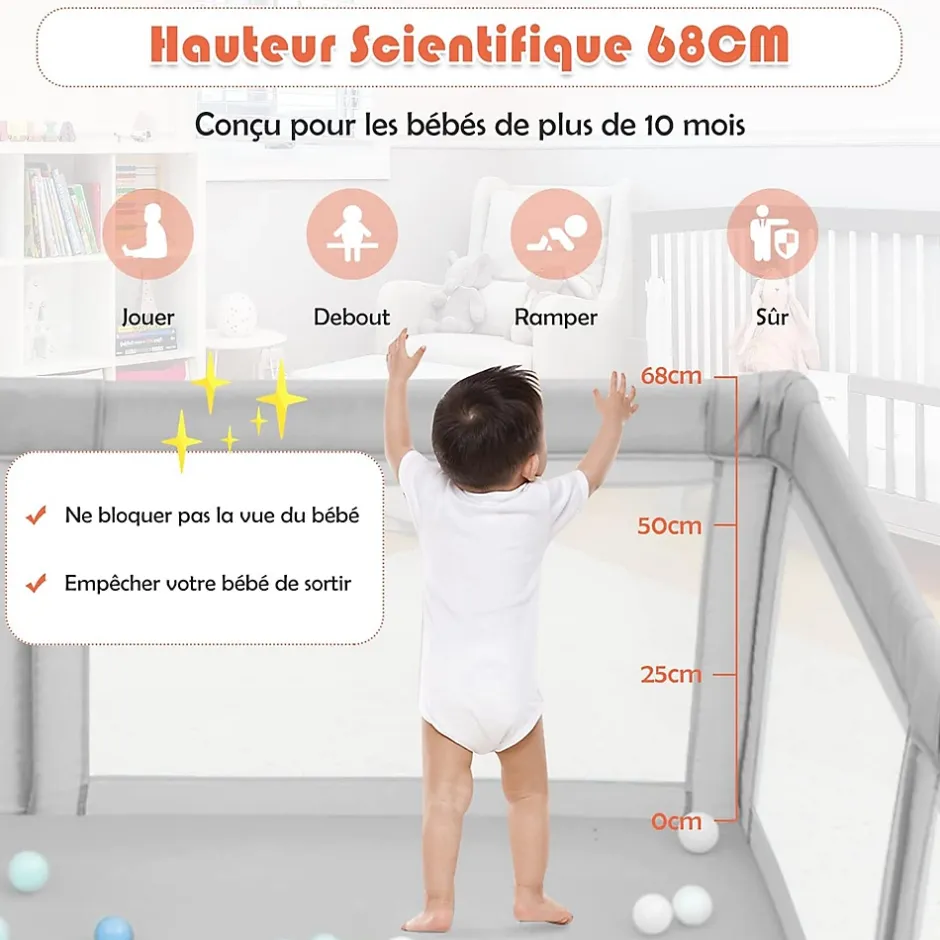 Giantex Parc Bebe Centre activites de Parc Enfants Parc Interieur Exterieur 2 Ouvertures de Porte Grille de Protection Stable Gris