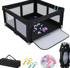 Giantex Parc Bebe Pliable avec 50 Balles Océaniques, 150 x 150 x 76,5 cm, Parc Enfant sans BPA pour Tout-petits, Filet Respirant, Gris