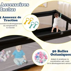 Giantex Parc Bebe Pliable avec 50 Balles Océaniques, 150 x 150 x 76,5 cm, Parc Enfant sans BPA pour Tout-petits, Filet Respirant, Gris