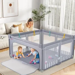 Parc Bebe Pliable avec 50 Balles Océaniques, 150 x 150 x 76,5 cm, Parc Enfant sans BPA pour Tout-petits, Filet Respirant, Gris-Giantex Clearance