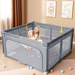 Parc Bebe Pliable avec 50 Balles Océaniques, 150 x 150 x 76,5 cm, Parc Enfant sans BPA pour Tout-petits, Filet Respirant, Gris-Giantex Clearance