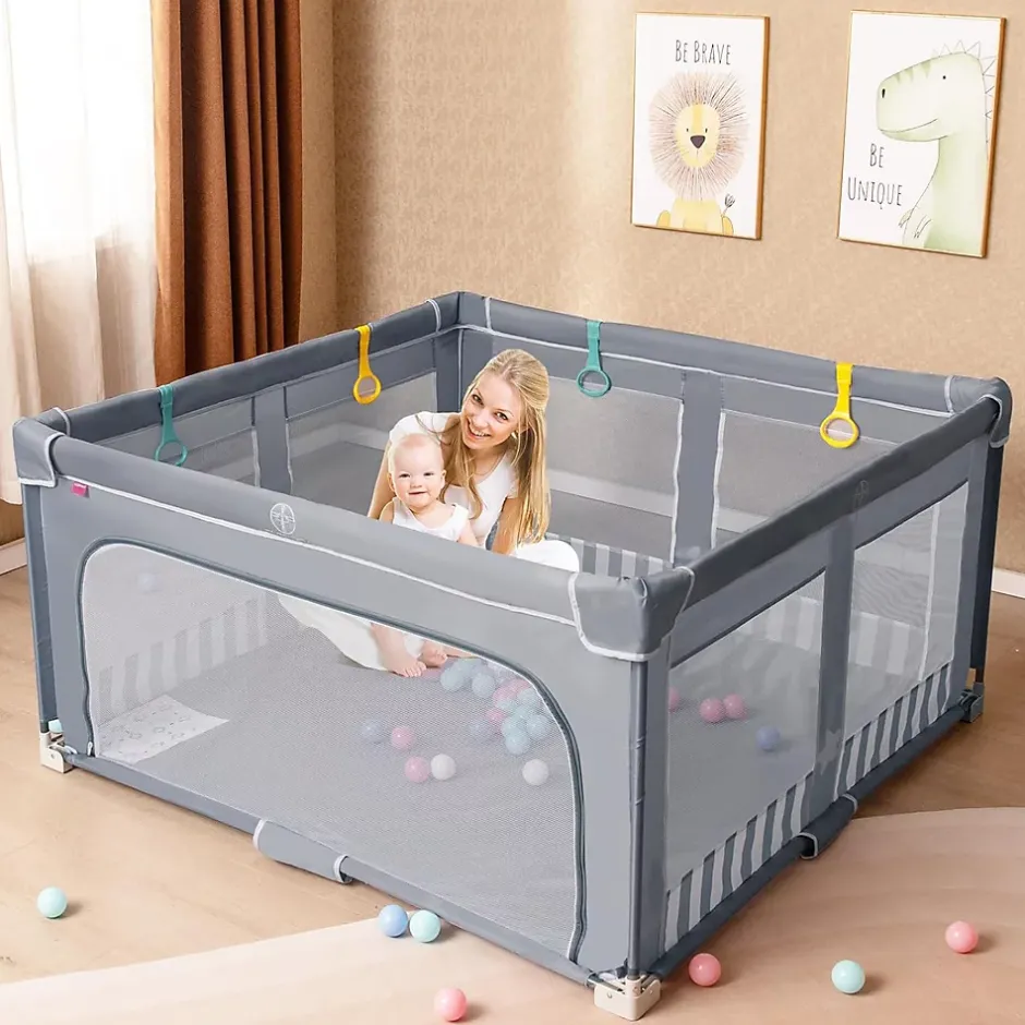 Parc Bebe Pliable avec 50 Balles Océaniques, 150 x 150 x 76,5 cm, Parc Enfant sans BPA pour Tout-petits, Filet Respirant, Gris-Giantex Clearance