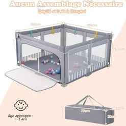 Parc Bebe Pliable avec 50 Balles Océaniques, 150 x 150 x 76,5 cm, Parc Enfant sans BPA pour Tout-petits, Filet Respirant, Gris-Giantex Clearance