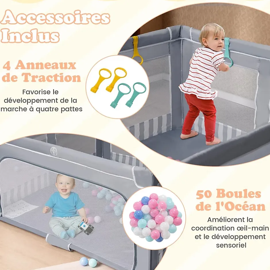 Parc Bebe Pliable avec 50 Balles Océaniques, 150 x 150 x 76,5 cm, Parc Enfant sans BPA pour Tout-petits, Filet Respirant, Gris-Giantex Clearance