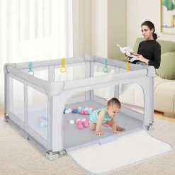 Parc Bebe Pliable 127x127cm, Parc Enfant Modulable avec 50 Balles Océaniques, 4 Poignées, Maille Respirante, Bleu-Giantex Discount