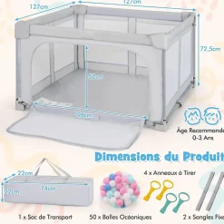 Parc Bebe Pliable 127x127cm, Parc Enfant Modulable avec 50 Balles Océaniques, 4 Poignées, Maille Respirante, Bleu-Giantex Discount