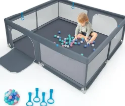 Giantex Parc pour Bébé Parc de Jeu Tout Petit avec Maille Respirante 4 Anneaux Balles Océaniques Barrière avec Porte Gris
