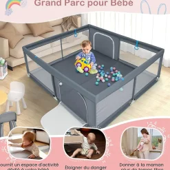 Giantex Parc pour Bébé Parc de Jeu Tout Petit avec Maille Respirante 4 Anneaux Balles Océaniques Barrière avec Porte Gris