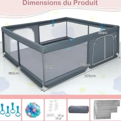 Giantex Parc pour Bébé Parc de Jeu Tout Petit avec Maille Respirante 4 Anneaux Balles Océaniques Barrière avec Porte Gris
