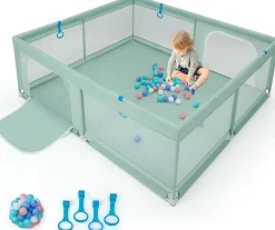 Giantex Parc pour Bébé Parc de Jeu Tout Petit avec Maille Respirante 4 Anneaux Balles Océaniques Barrière avec Porte Vert