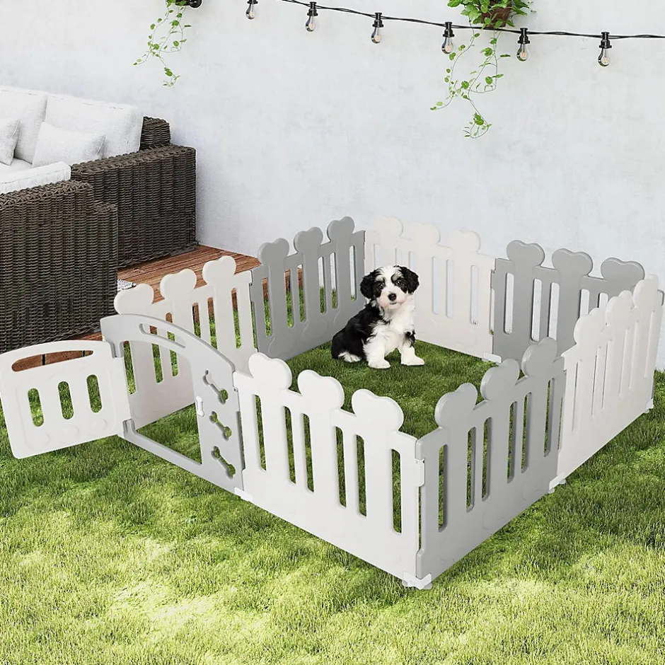 Parc pour Chiots 7 Panneaux 1 Porte en Plastique, pour Petits Chiens Et Chats, 155 x 155 x 60 CM, Beige-Giantex Sale