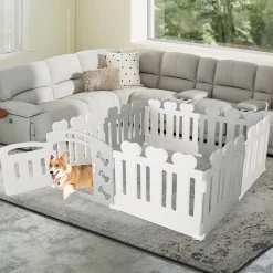 Parc pour Chiots 7 Panneaux 1 Porte en Plastique, pour Petits Chiens Et Chats, 155 x 155 x 60 CM, Beige-Giantex Sale