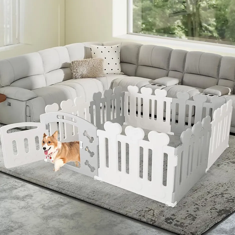 Parc pour Chiots 7 Panneaux 1 Porte en Plastique, pour Petits Chiens Et Chats, 155 x 155 x 60 CM, Beige-Giantex Sale