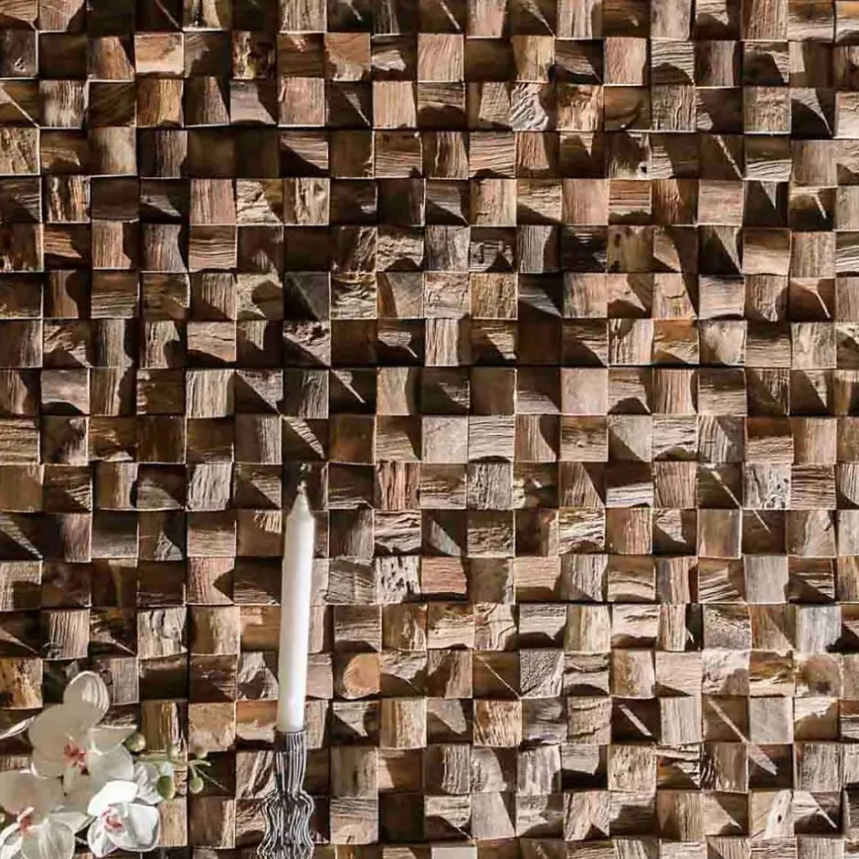 Parement mosaïque en teck recyclé naturel carré 20cm x 55cm-Wanda Collection New