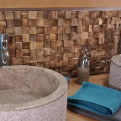Parement mosaïque en teck recyclé naturel carré 20cm x 55cm-Wanda Collection New