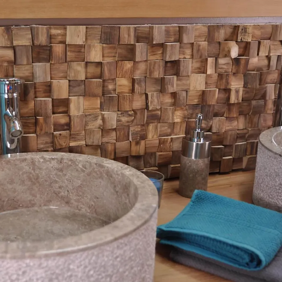 Parement mosaïque en teck recyclé naturel carré 20cm x 55cm-Wanda Collection New