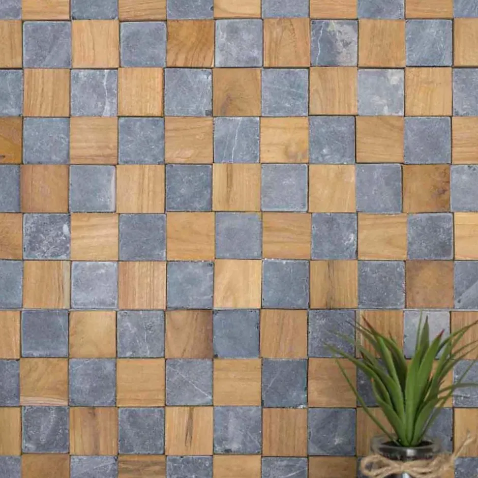 Parement mural carrés pierre et teck gris 55x20 cm-Wanda Collection Online