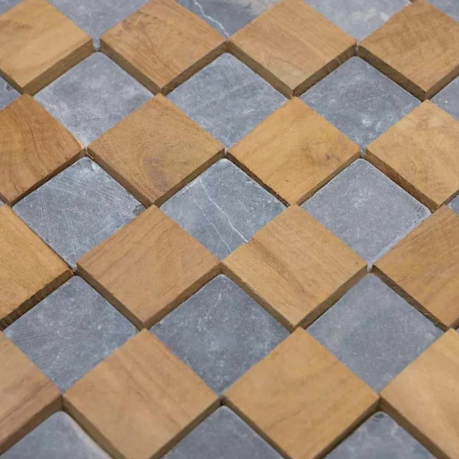 Parement mural carrés pierre et teck gris 55x20 cm-Wanda Collection Online