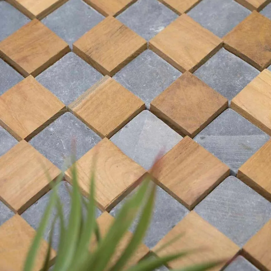 Parement mural carrés pierre et teck gris 55x20 cm-Wanda Collection Online