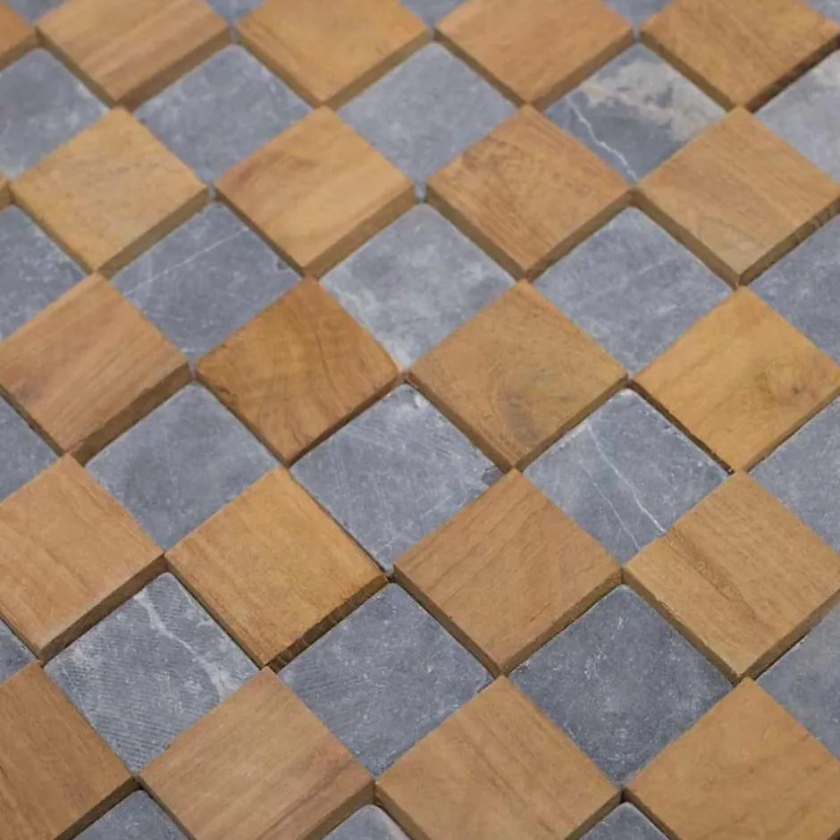 Parement mural carrés pierre et teck gris 55x20 cm-Wanda Collection Online