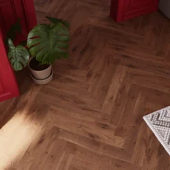 GoodHome Parquet massif à coller Skara bâtons rompus en chêne verni brun