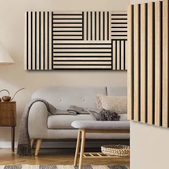 Decoon Plaque murale tasseaux 60 x 30 x 1,9 cm - Lattes chêne clair véritable fond noir 0,18m²